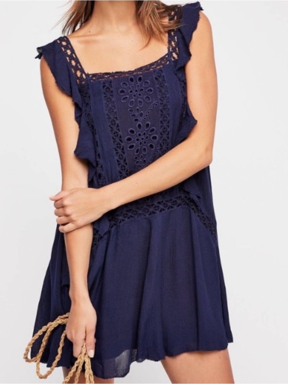 Free People Navy Blue Crochet Ruffle Mini Dress